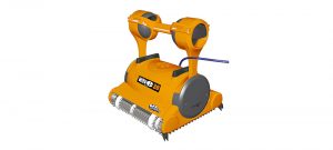 Robot pulitore per piscine di colore arancione.