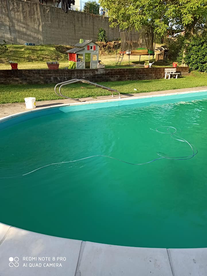 Piscina con giardino, casetta giocattolo e trampolino.
