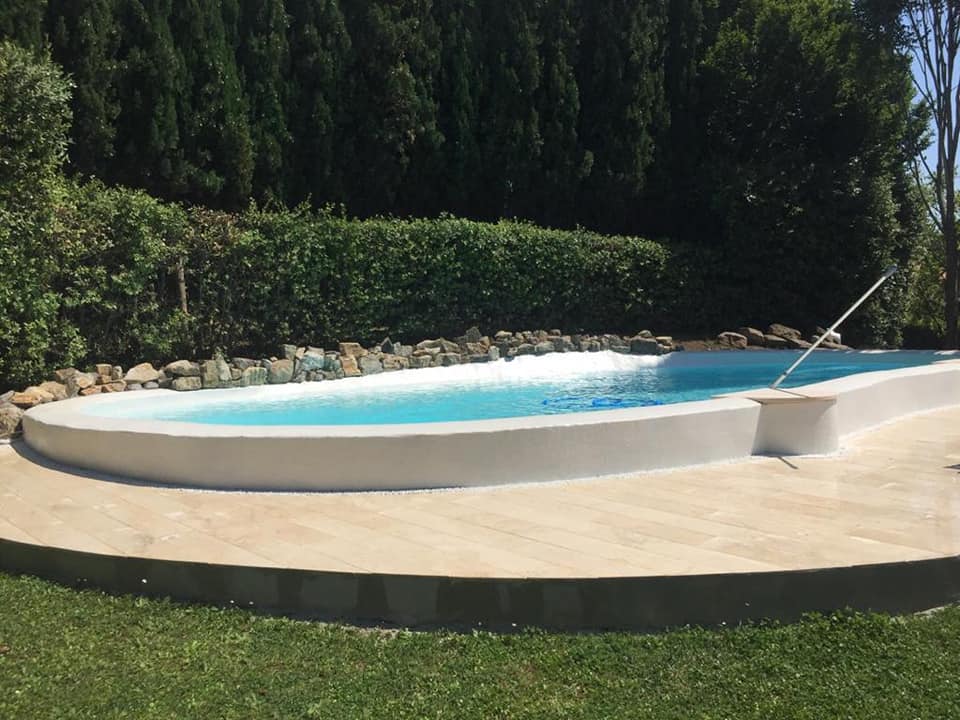 Piscina ovale con bordo in pietra, circondata da vegetazione.