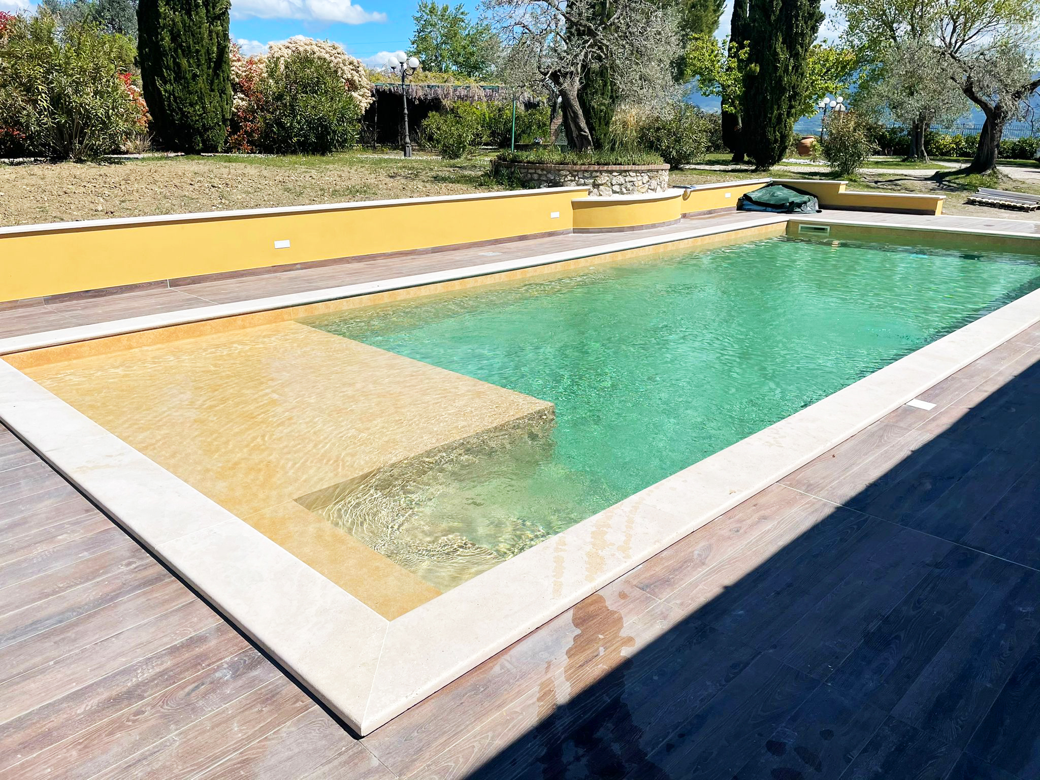 Piscina all'aperto con bordo in pietra e giardino.